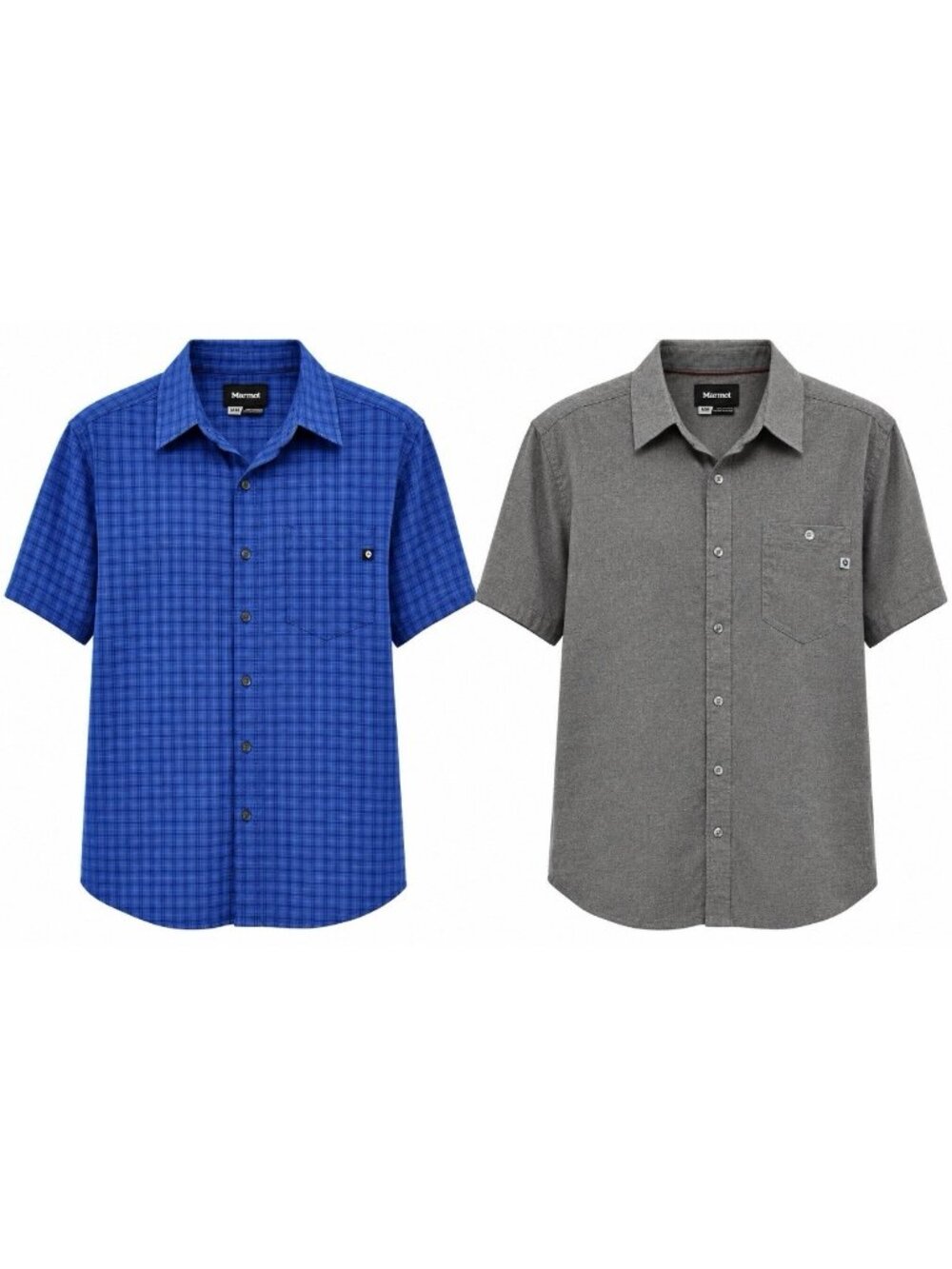 Marmot Short Sleeve Button Up Shirt Mens Medium LOT OF 2 Blue Plaid & Grey